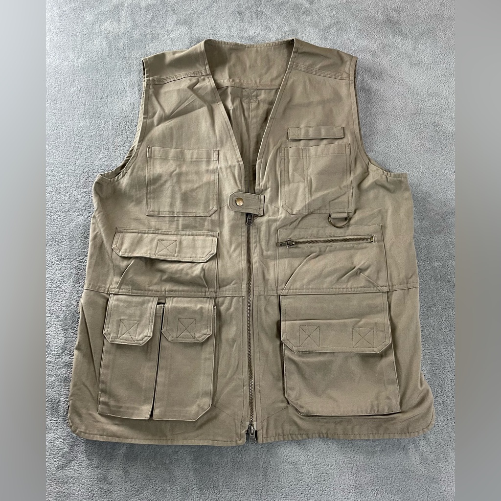 17 Pocket Safari Vest Mens M Beige Utility Outdoors Hiking Fishing Hunting Heavy